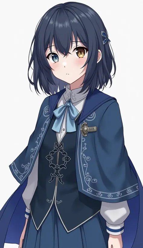 16-year-old girl with pale complexion and semi-long dark blue hair, With a height of 1 .6 m. The character has heterochromia,  Her right eye is amber and her left eye is blue (When drawing, take into account the direction in which the character is looking ...