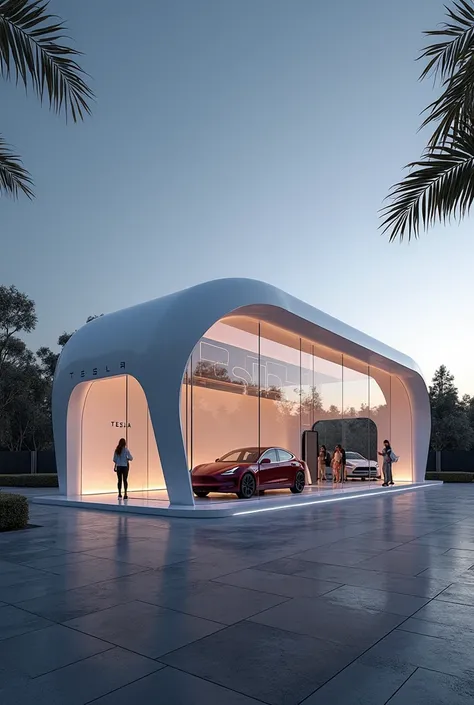 I am an architect and I want to design a car showroom for the Tesla brand 
I want you to design this exhibit to be a landmark for pedestrians 
The shape of the building is made of glass, so that the shape of the building becomes gray and white and has ligh...