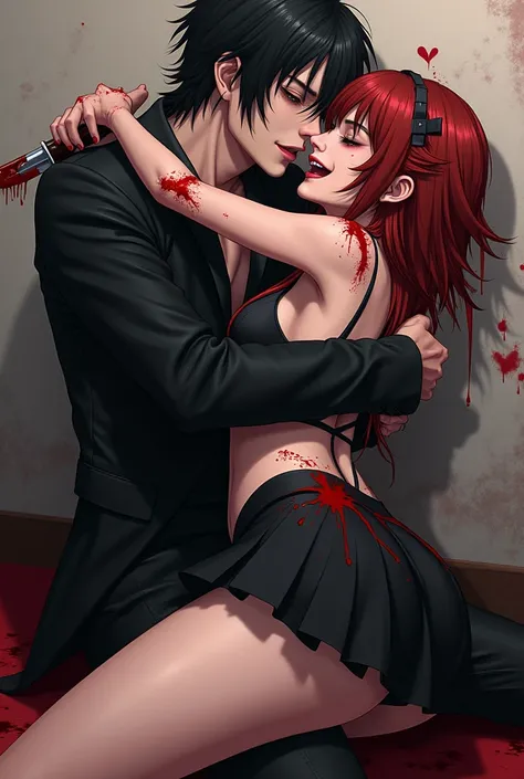 an effeminate man in black clothes and a miniskirt covered in blood and a bloody knife embracing a man with happiness and a look in love and yandere and obsessive (with anime drawing style)