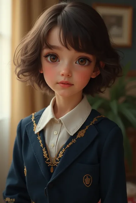 A beautiful  ,  she has short wavy brown hair,  She has light brown eyes , She has brown skin,  she wears an expensive French school uniform . She is only years old .