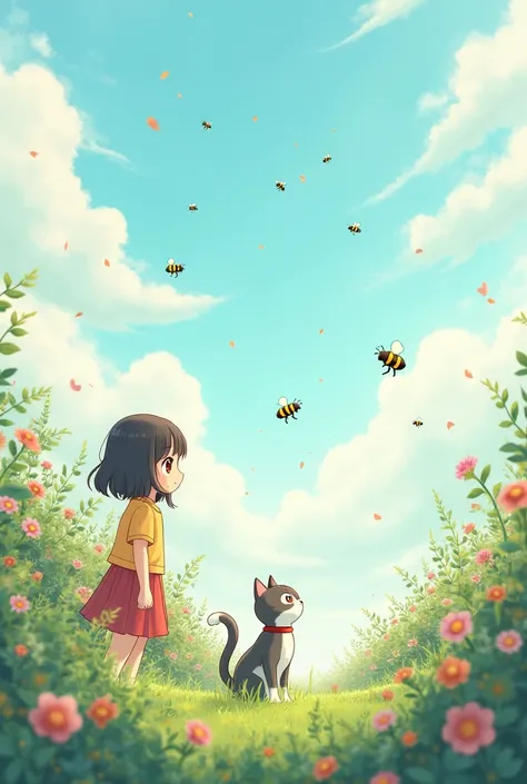 An anime girl, a cat and bees in a thin garden and a sky with light clouds 