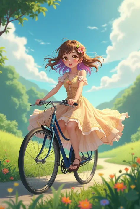 Anime girl riding Cicla in dress 