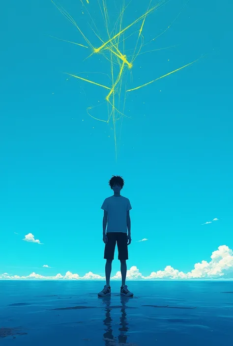 Make an album cover similar to Ameri by Duki,But with a boy standing above a sky blue floor as dark as an ocean and above the boy make like yellow lines