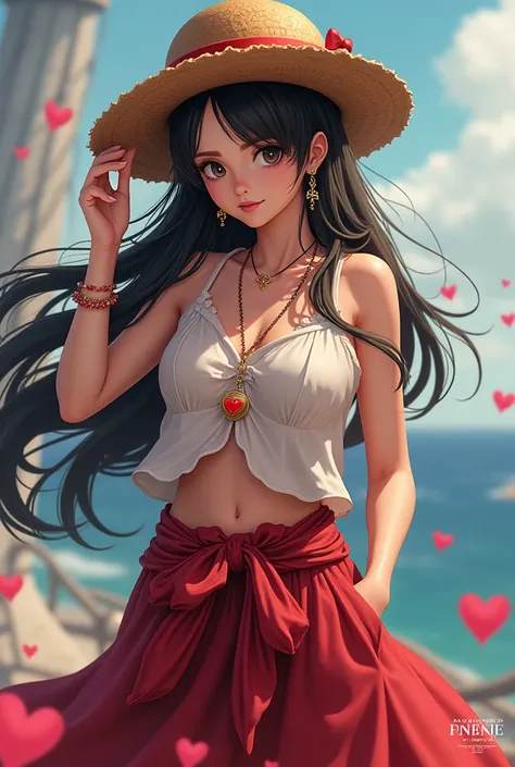 Personnage de Luffy dans One Piece version feminine, femme, cheveux long, pirate, chapeau de paille, femme reel, special saint valentin, coeur, pirate de l'amour, realiste