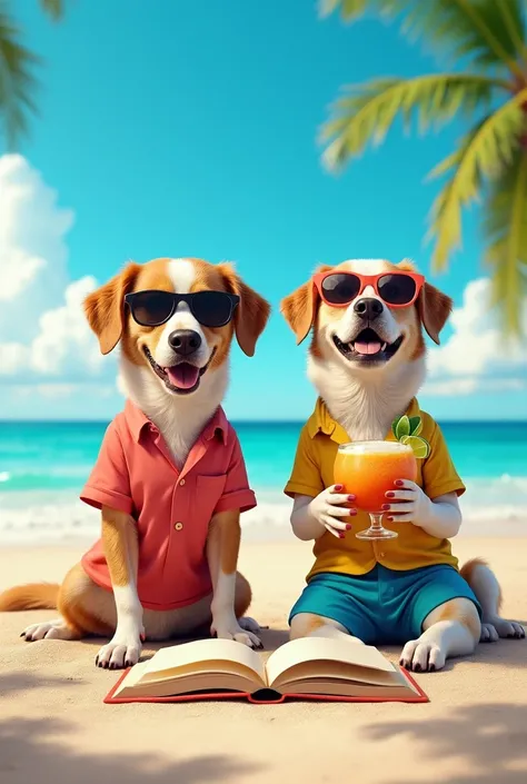 Create the image of a dog and a dog wearing beach clothes and sunglasses with a pair of books taking in the air with a cocktail 