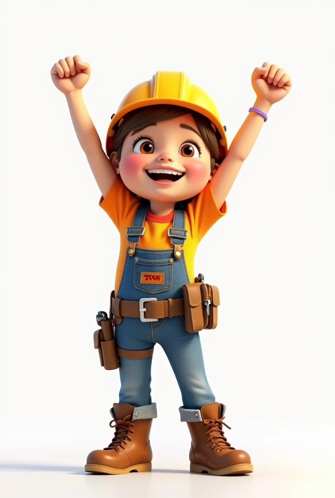 bob the builder but is a white short haired girl brown hair doing celebratory pose no background