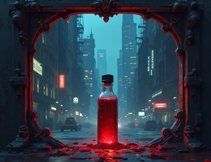 Create a picture frame in the game menu, the picture shows a broken ampoule of blood in the middle of a dark city, come up with a suitable frame, it should be in a high-quality pixel style