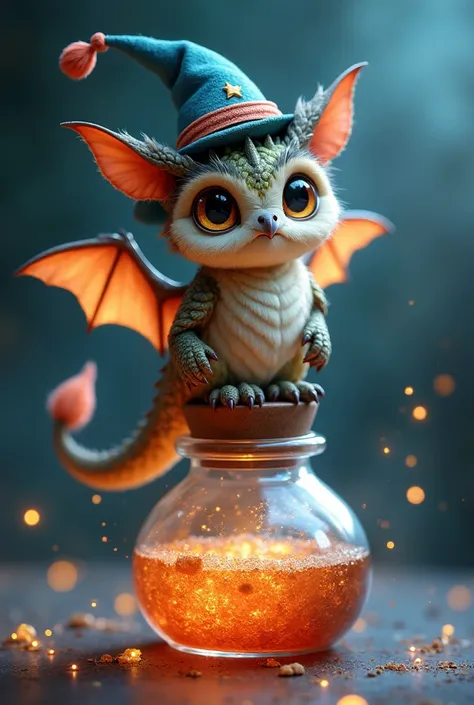  Cute little  (dragon owl ),  sits on a magic potion , dressed in a sorcerer's cap ,   little wings on her back