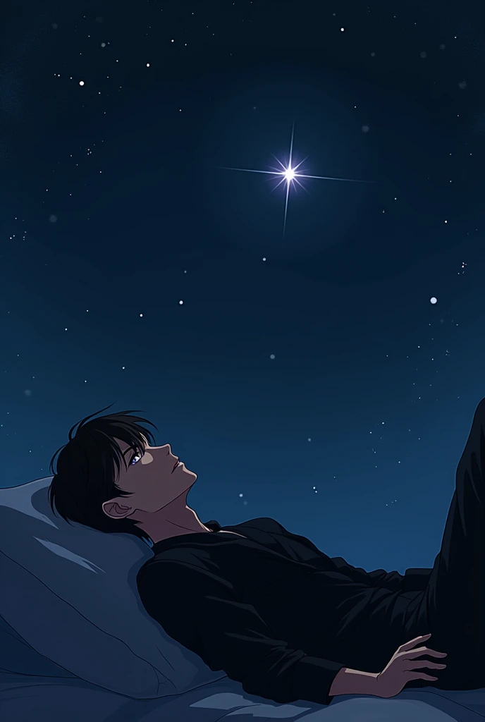  20 years old , Anime illustration of man dressed in black watching a single star lying on his back 