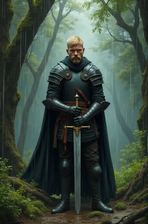  young outlaw knight, black/ brown worn armor,  blond short hair, Beard, Zweihänder,  masterpiece, Forest rain, ( wear oil paintings) black rüstung
