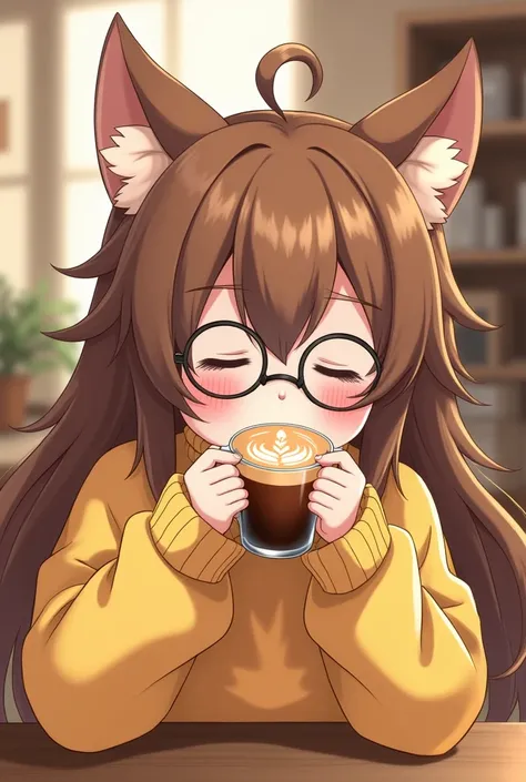 Cat girl with brown hair, kisses a glass of coffee in a yellow sweatshirt and glasses.