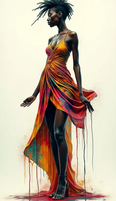 Create an abstract art of a lady dressed in an African attire dripping paints