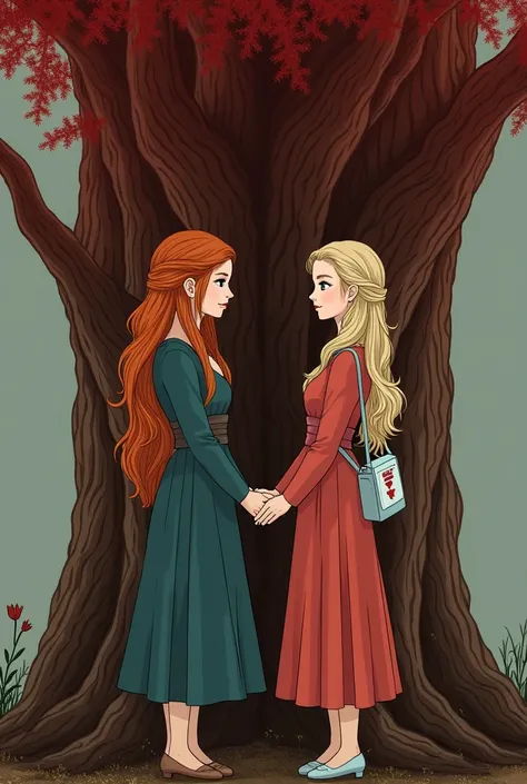  Two girls holding hands against the background of a big tree with red bark. One girl with the appearance of Arya Stark ,  and the other in a beautiful but simple floor-length dress ,  is a blonde with long wavy hair and a medical shoulder bag 