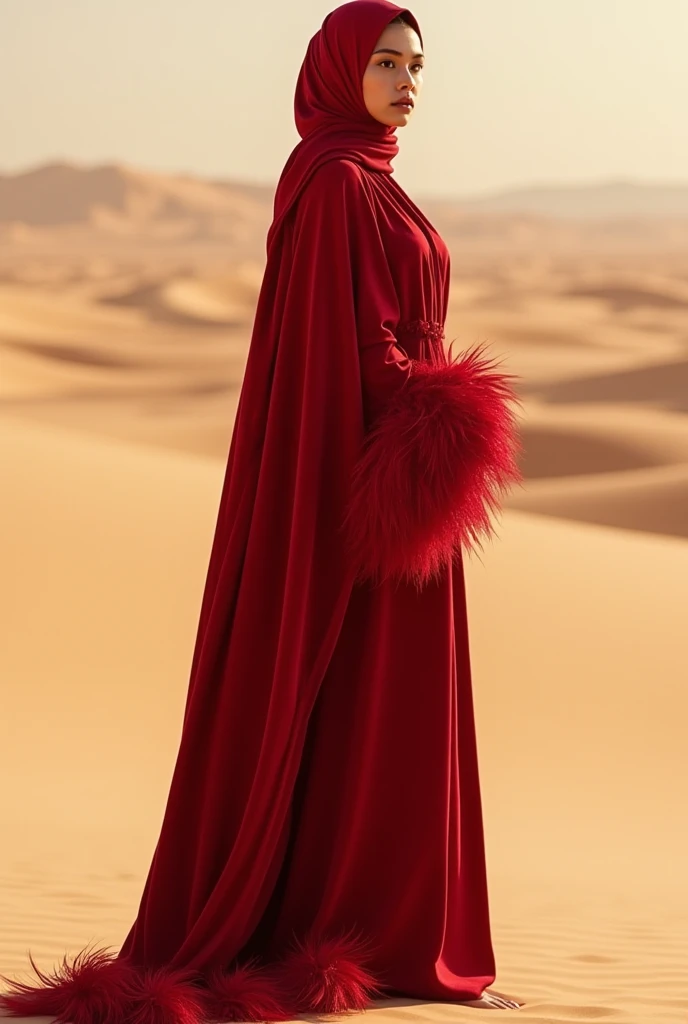  Create an image model girl with  , standing at full height .
 It has a long Abaya material 100 % red velvet  ,  The bottom of the sleeve is decorated with feathers .  The girl's head has a red silk scarf  .  The studio should be bold white  .
 The girl sh...