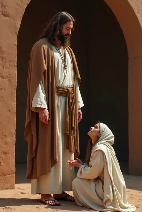 hyper realism of Jesus standing and a woman kneeling at the feet of Jesus begging ( photorealistic :1.2),  male background,  30 years old, ( detailed face taster:1.3),  serene expression,   long brown hair,  with white tunic and brown cloak , white veil , ...