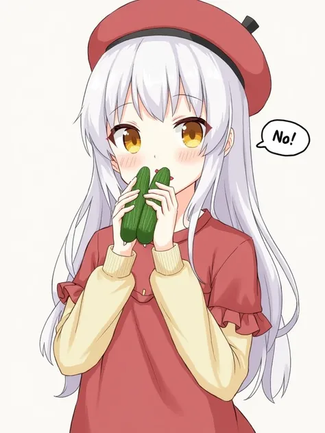 
1 girl,  alone, have,  shy, Long hair,  yellow eyes, Open your mouth, hold, Red hat, food,  Beret ,  White hair, cucumbers, capeleT, Long sleeves, hold food, virtual youtuber, nose  shy, sweat, Dress,  conveys sexuality,  Gray hair

 


 , Masterpieces,  ...