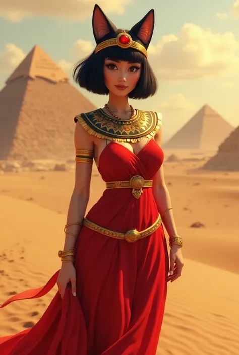 A beautiful Japanese Egyptian queen, with cat ears, black short hair, curvy fat body, wearing a red Egyptian dress, wearing a ruby crown, ruby neckless, in the middle of a sand storm in the desert with some pyramids in the background, with a Egyptian golde...