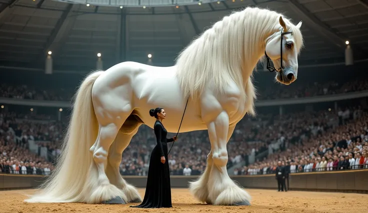 Ultra-realism format. Best quality and detail. A gigantic, majestic white horse with an incredibly long and luxurious mane, elegantly braided, and an equally voluminous, flowing tail. The horse stands proudly in an indoor arena, exuding grace and nobility....