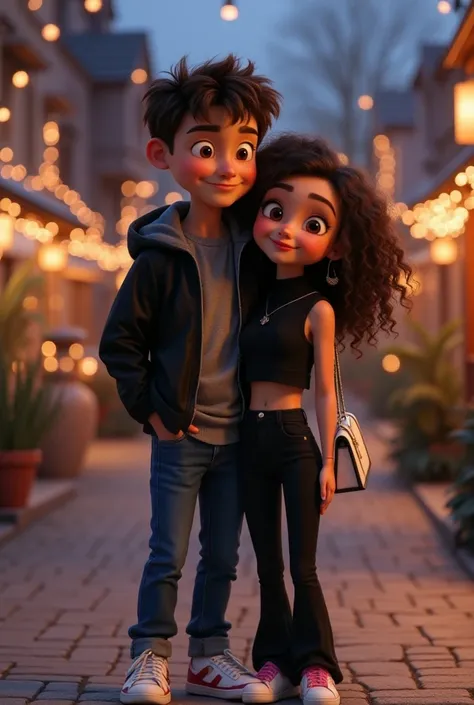  A couple that are in the form of Disney Pixar where the boy hugging the girl a little and she too,  They are looking straight ahead,  he smiles without showing his teeth the boy is dressed in a black jacket ,  a gray jacket underneath ,  a little blue jea...