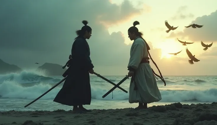 Hyper-realistic cinematic scene of a foggy beach at sunrise (Ganryū-jima Island). Two samurai face each other: one (Miyamoto Musashi) holds a wooden bokken, the other (Sasaki Kojiro) wields a long nodachi sword. The ocean waves crash violently behind them,...