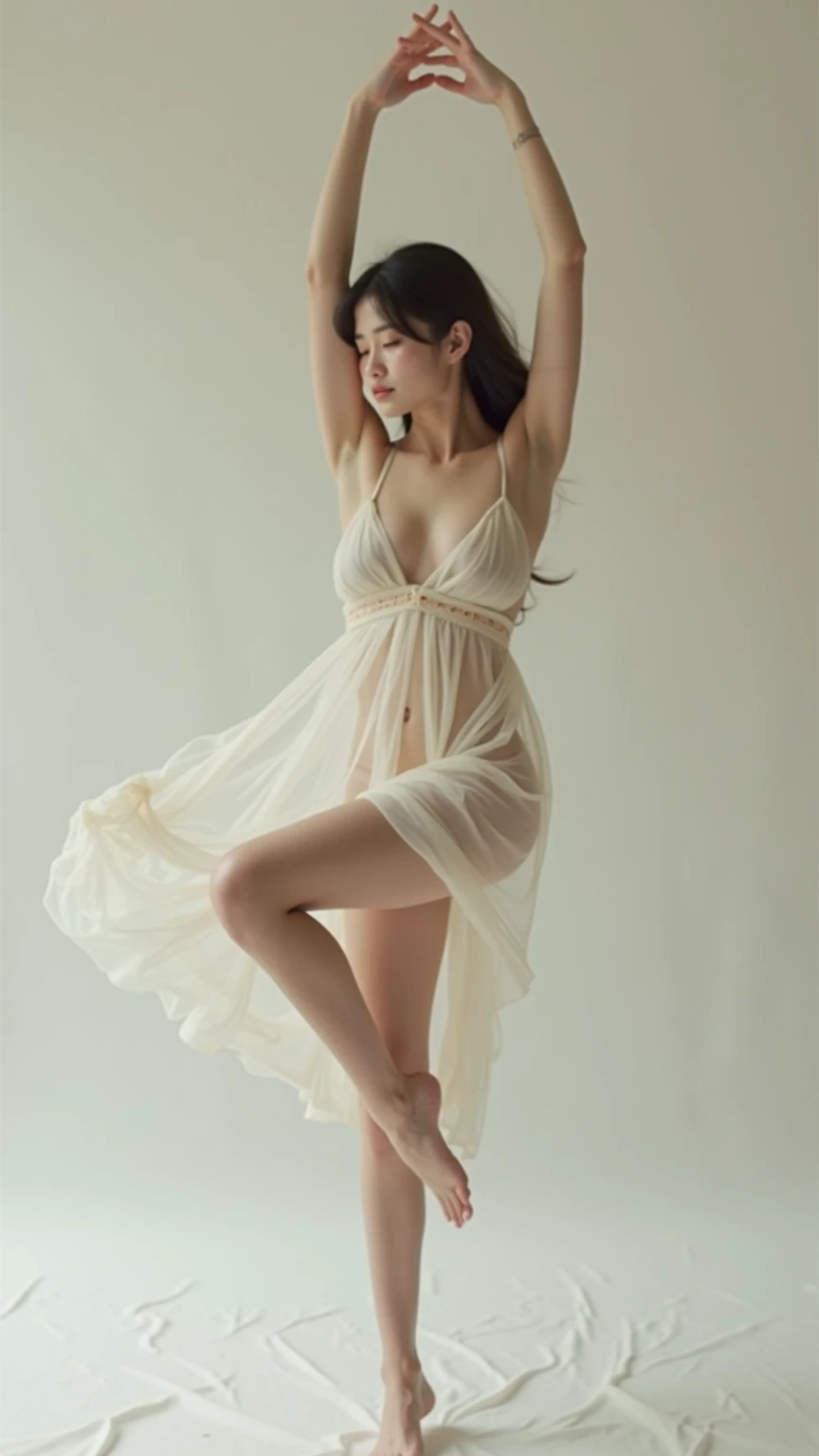  real live action、 small breasts、Wear a bohemian clear white micro mini dress、Crab Pose