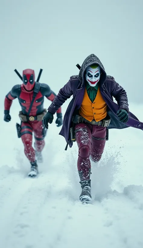 The Joker and Deadpool running at full speed frozen in a snowstorm at the North Pole, ultra realistic and professional images  