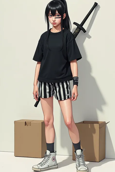  Black ponytail hair , thick line on the face ,line on the hair ,black shirt, short white striped black,High white sneakers,sword in the back ,carton,adult