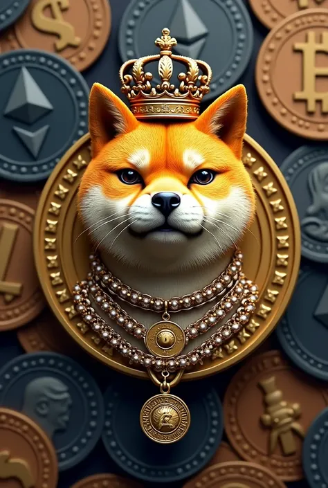 Create a picture with a Shiba coin with a crown and a necklace with the Solana logo and the background of a number of digital currency logos such as Bitcoin Ethereum, Dogecoin Pepe, Trump's work by Elon Musk and the rest of the currencies

