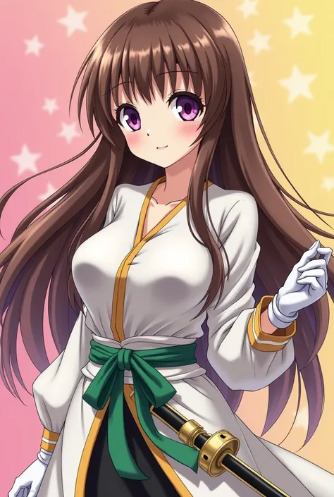 Bleach style anime girl long brown hair with bangs,  medium large purple eyes , pink and yellow gradient type ,  an emerald ribbon around her waist ,  a zanpaku-tō with a star-shaped handle and emerald color on the left side of her waist and white gloves t...