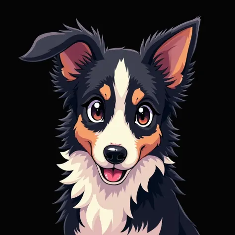 large eyes anime border collie in 90s style, studio lighting, black background, pixelated