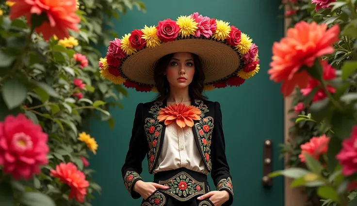 ONE SIMILAR TO THE PREVIOUS ONE BUT OF A WOMAN DISGUISED AS A MARIACHI WITH FLOWERS 