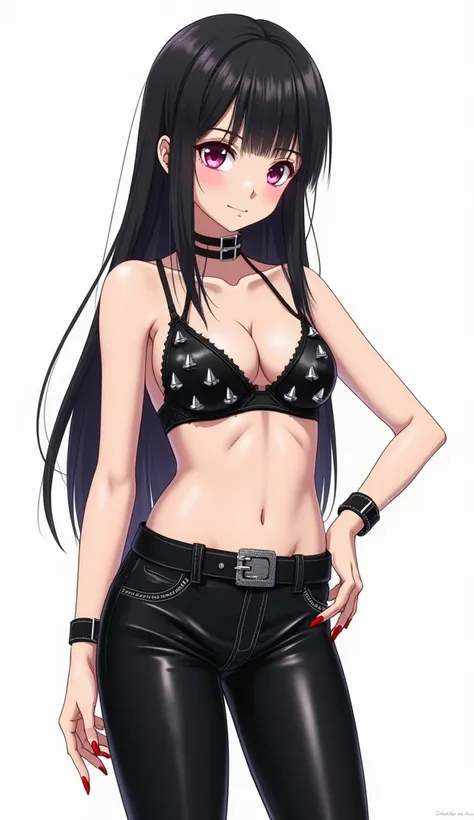  Japanese anime adolescent woman with long straight black hair and intense magenta eyes and red nails and She wears a black bra with silver studs in the shape of cones , which gives her a striking and punk look . He also wears shiny black leather pants fit...