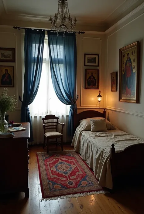 *une chambre petite , sombre , sol en vieux parquet délabré , un petit lit une personne sur la gauche avec un vieux sommier en métal et des draps vieux et usés similaires à des vieux draps des pays de l’est , à gauche au fond , un petit bureau miteux brun ...