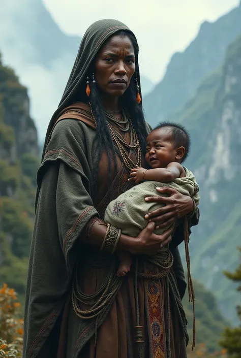 Shaman witch protector of the mountain carrying a crying newborn baby with dark skin