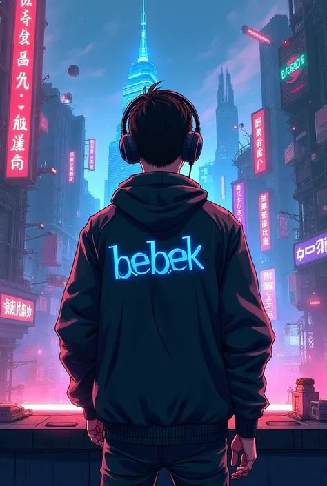 Anime image of male game player, wearing jacket and headset. Facing the back, the jacket says Bebek, Cyberpunk