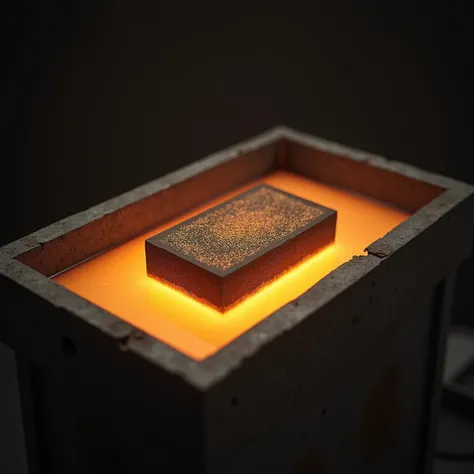 A cuboid ,  porous plate made of ceramic , which is in a flat , rectangular metal tub stands. The tank is filled with a glowing,  liquid melt filled .  The melt sucks up into the ceramic plate.