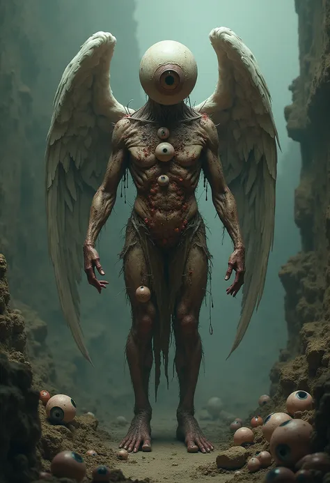 Decaying human body，The whole body is covered with sarcoma，A large eyeball grows on the chest，There are six angel wings on the back，Standing in ruins，above，frotting，sarcoma，Densely packed eyeballs organic