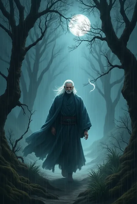 Create a Xianxia scene of a 30-year-old white-haired man walking in the rain amidst the dark forest, Spirits wander around him