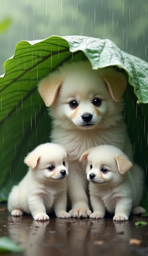 Here is an image of a realistic scene depicting a mother fluffy white dog sheltering her adorable fluffy white 3 puppies under a large green leaf during a gentle rain. The fluffy white dog is vividly colored with a proud expression, and the fluffy white 3 ...