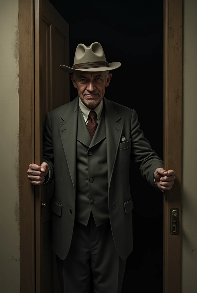 A resigned man , Dressed like in the 40's,  closing a door

Picture of a wooden or metal door closing. The scene conveys a sense of abrupt ending or of confinement .
