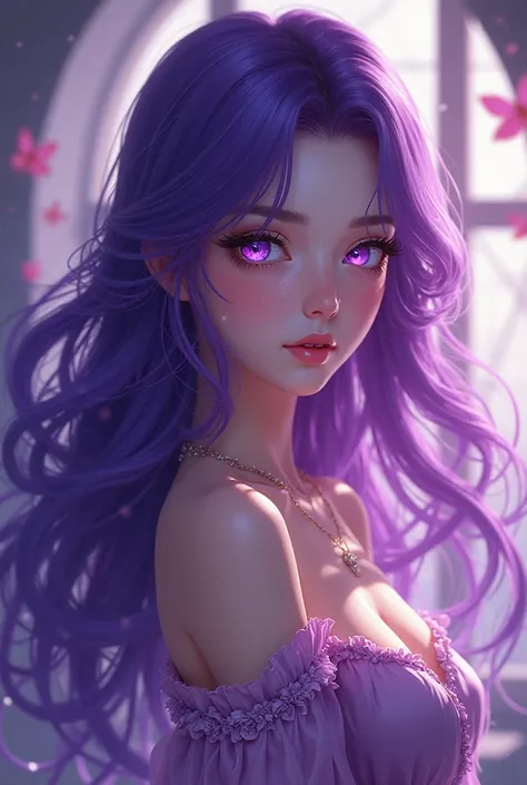 woman, purple hair, purple eyes, age 25 Anime