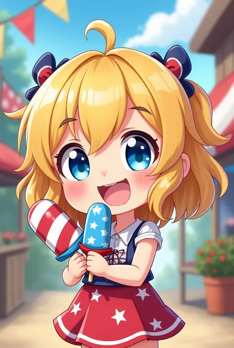 Young chibi blonde girl with blue eyes with a michevious grin on her face holding 1 red white and blue popcile