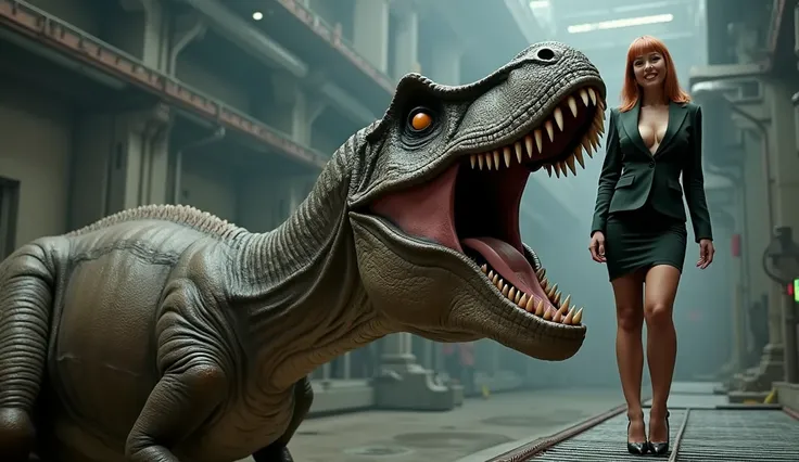 A wide shot of 1 smiling woman wearing a sexy blazer, pencil skirt, and stilettos, and a curvy build with large breasts, with a straight ginger bob cut with blunt bangs, standing on a metal platform over a large dinosaur below her, to her right with its mo...