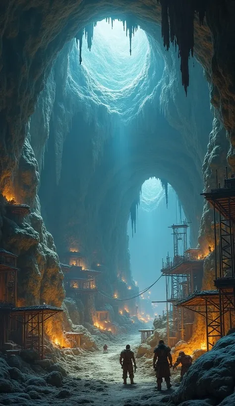 Inside a big cave、Underground cities、The ceiling is covered with rocks 、 dwarf craftsmen are building a city、 bright