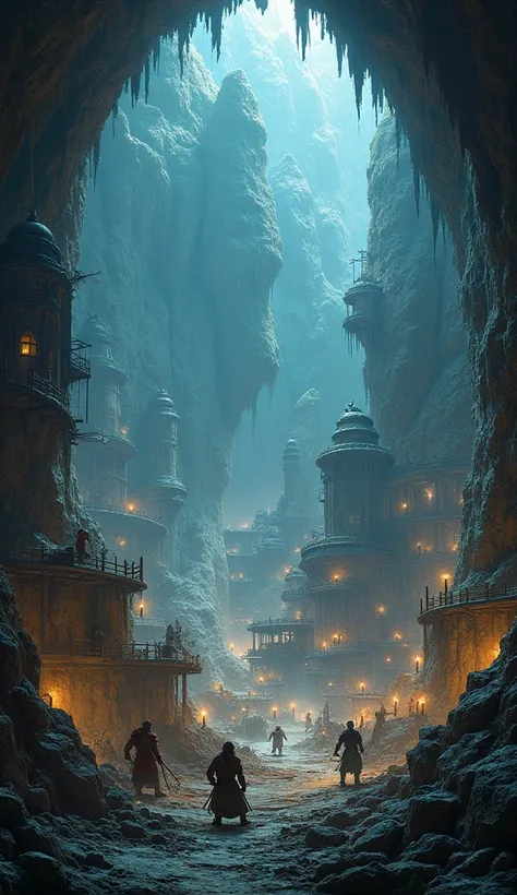 Inside a big cave、Underground cities、The ceiling is covered with rocks 、 dwarf craftsmen are building a city、 bright