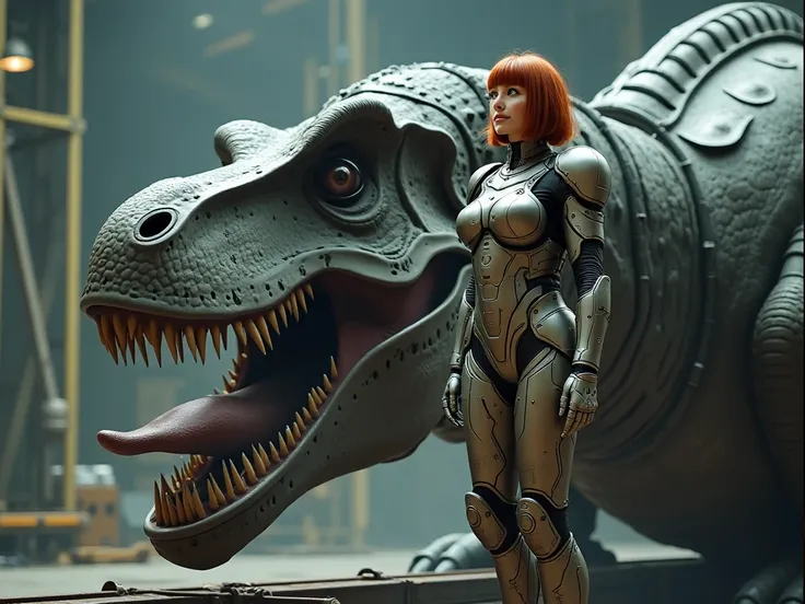 A wide shot of 1 smiling woman wearing a sexy suit of sci-fi armor, and a curvy build with large breasts, with a straight ginger bob cut with blunt bangs, blue eyes, standing on a metal platform over a large cyborg dinosaur below her, to her right with its...