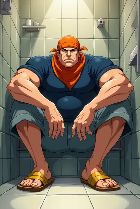 Big strong man, muscular, less chubby, in Anime, wearing his orange bandana around his head, wearing his Navy-blue shirt, Gray pants, bronze yellow sandals on his feet, in the bathroom, he sits down on the floor, showing his feet, view from the bottom