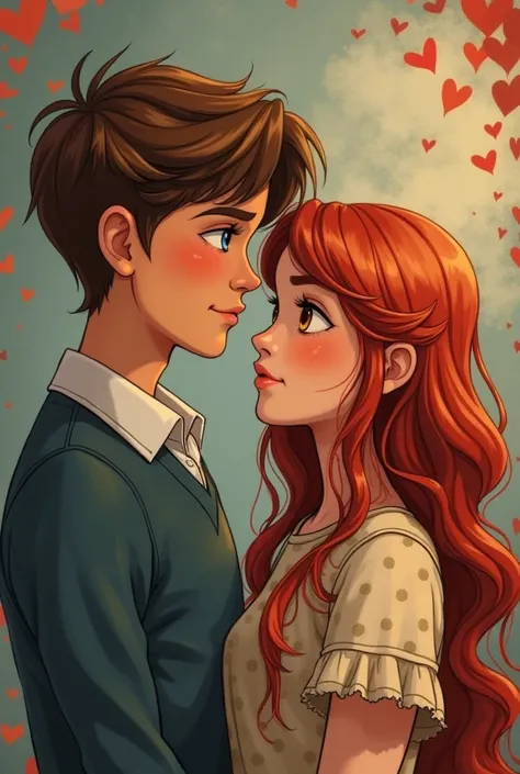 Create a cover for a book of love poems with love poems in the title and a boy with blue and brown eyes with a straight nose and as if triangular and tall and a red-haired girl with amber eyes and a round nose shorter than the 