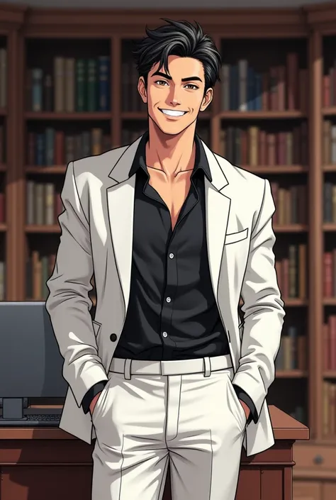 Style manga. Homme anglais cheveux court et noir, yeux noir, jeune pdg d'entreprise, porte un costume blanc et une chemise noir. Souriant. Mains dans les poches. Il se trouve dans un grand bureau remplit de livres avec un ordinateur au fond. 