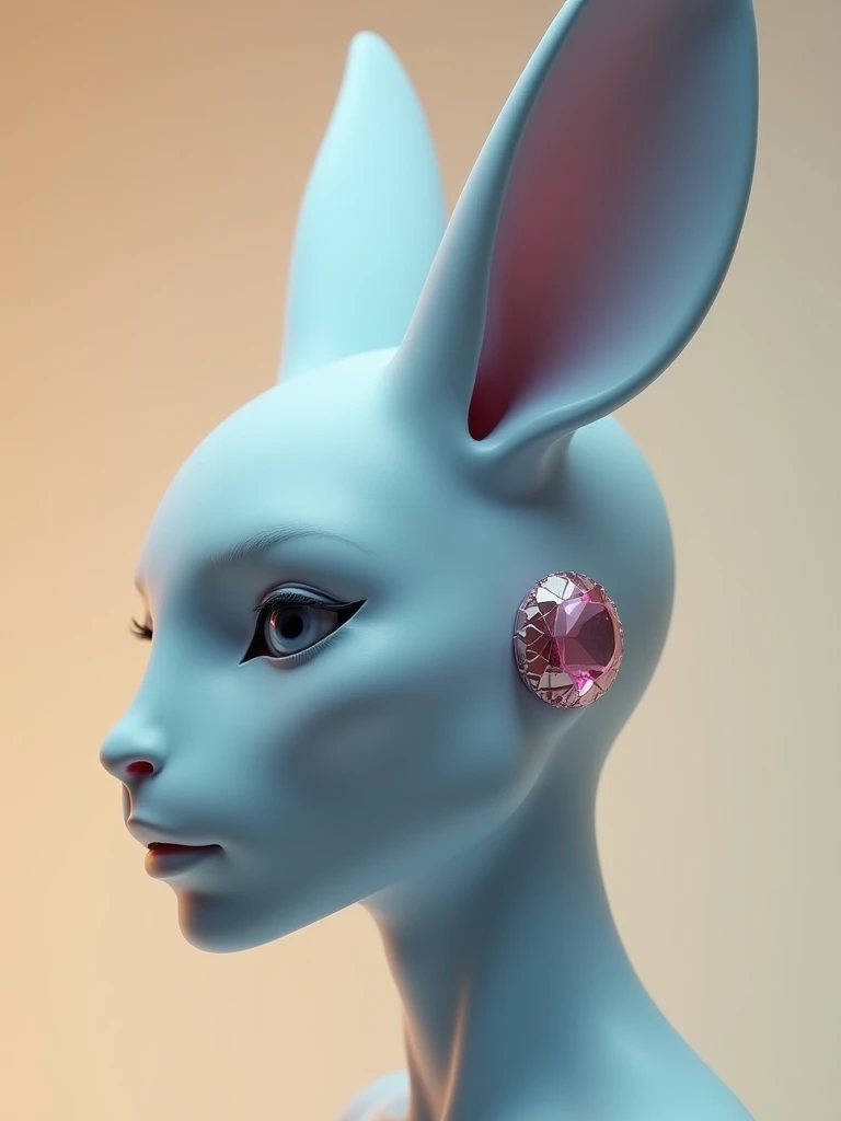 "A close-up, ultra-realistic profile portrait of a slightly less humanoid male figure with a sleek, futuristic design. His skin has a soft, shimmering blue tone, giving him a high-tech, almost synthetic appearance. His face blends human and rabbit-like fea...